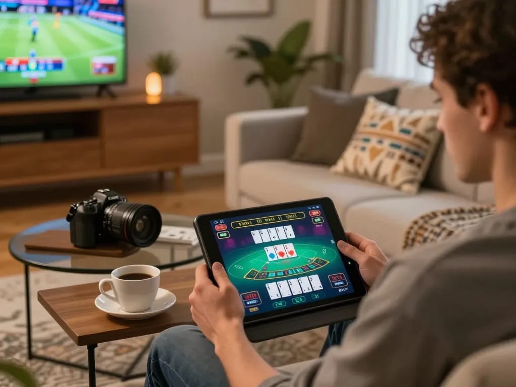 Engaged player enjoying live dealer blackjack on Trang chủ NK88 in a cozy home setup, strategic online gambling atmosphere