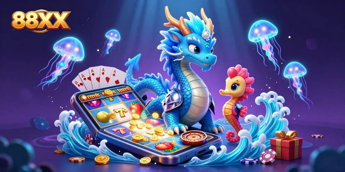 88XX game enthusiasts engage with a dazzling underwater scene featuring vibrant slot games and a magical dragon.