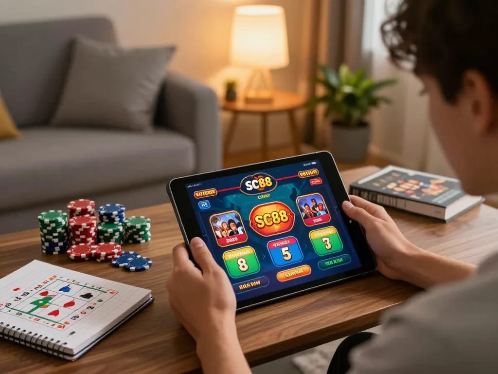 Engaging gameplay of SC88 casino app on tablet with vibrant graphics and cozy home setting.