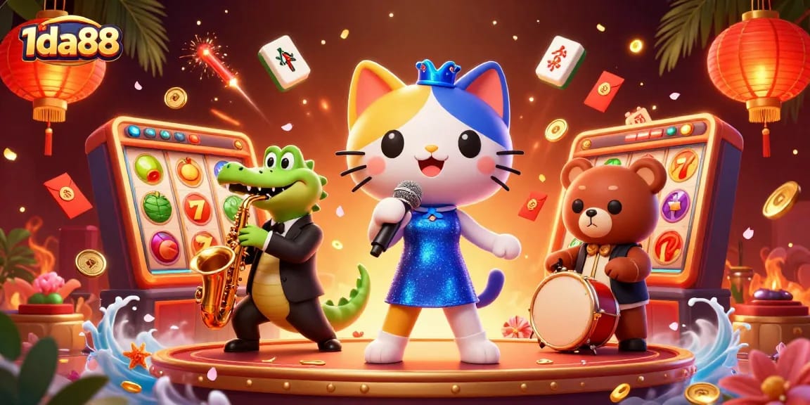 Join the fun at 1da88 with vibrant characters and dynamic casino elements spinning around!