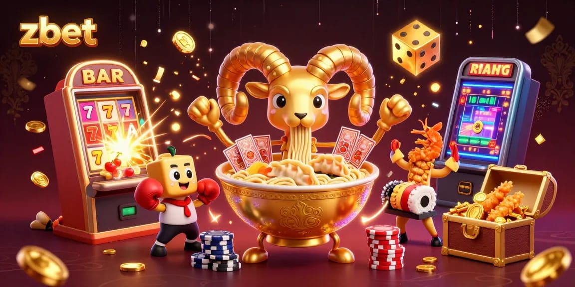 Experience zbet's vibrant atmosphere with a cartoon gold ramen bowl and dynamic casino elements.