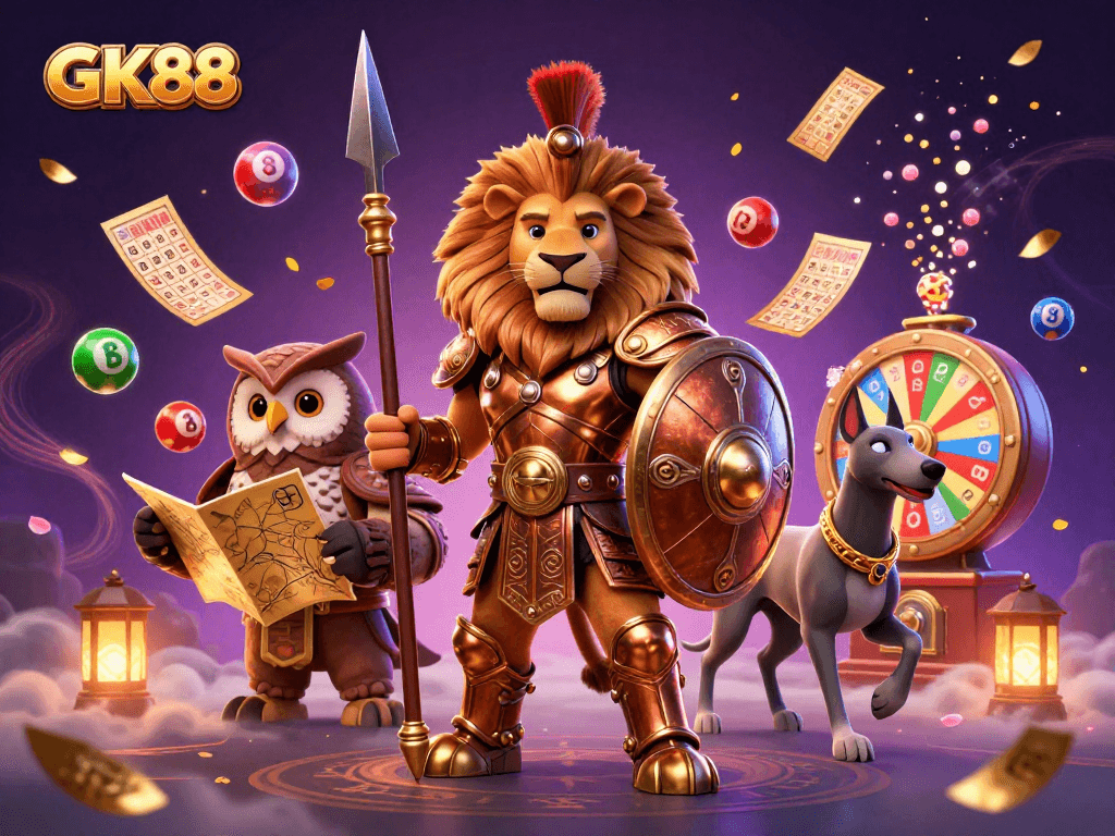 Engage with GK88's dynamic lottery scene featuring vibrant symbols, golden tickets, and charismatic characters.