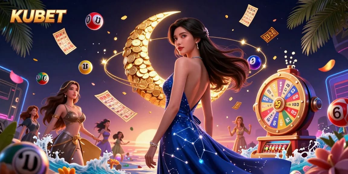 KUBET brings excitement through a vibrant casino illustration showcasing thrilling lottery games and dynamic elements.