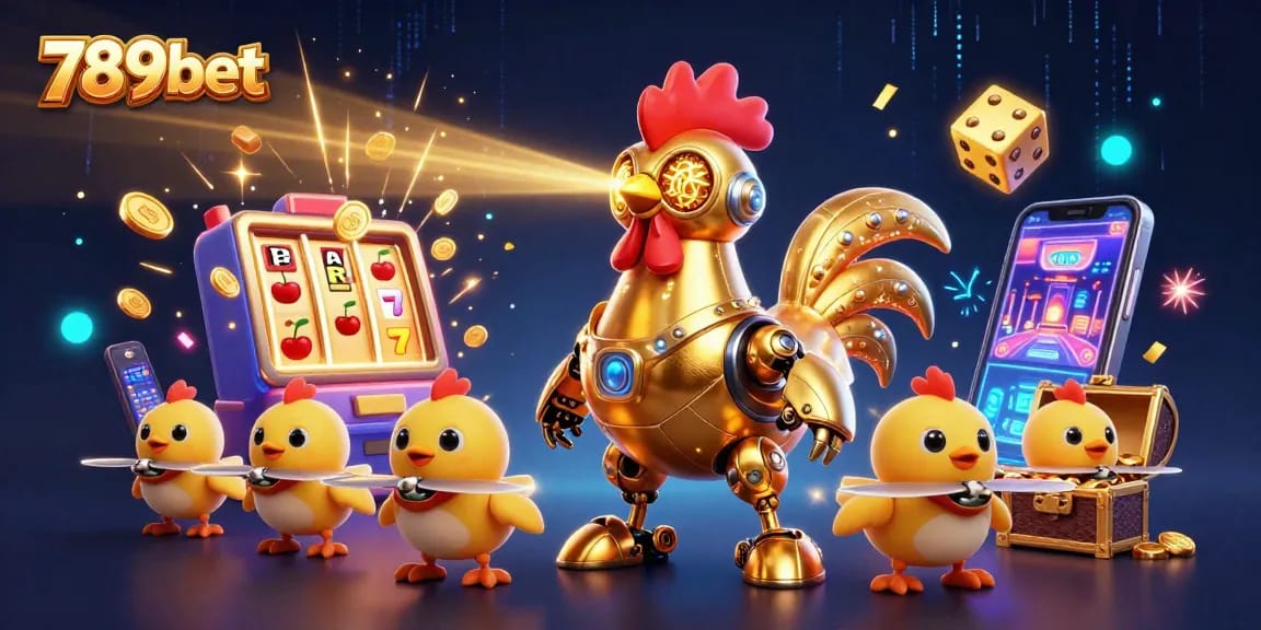 Experience thrilling 789bet gaming with golden rooster robot and baby chick drones amidst vibrant casino elements.