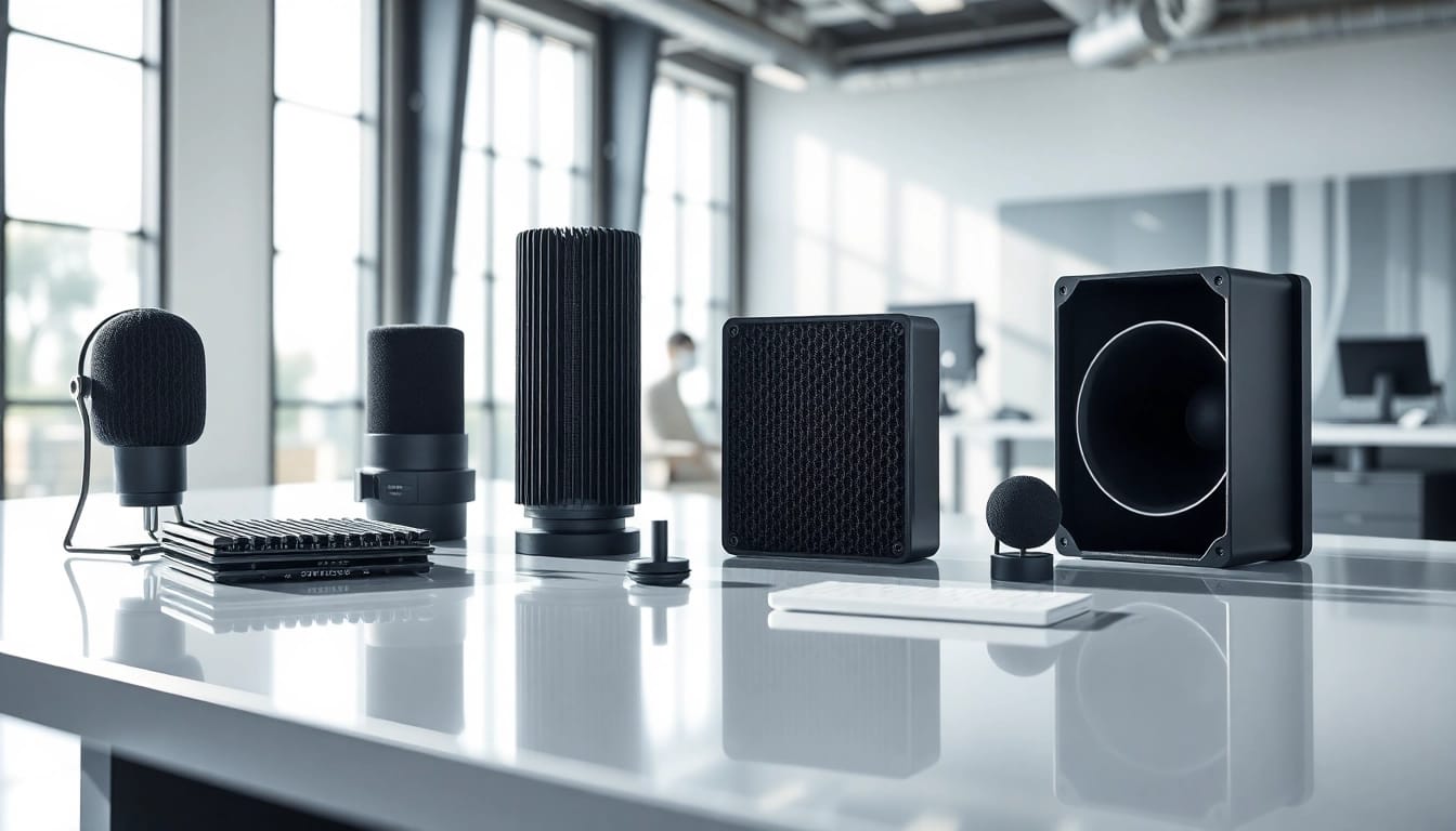 Showcasing innovative sound and vibration control products with modern design elements in a professional setting.
