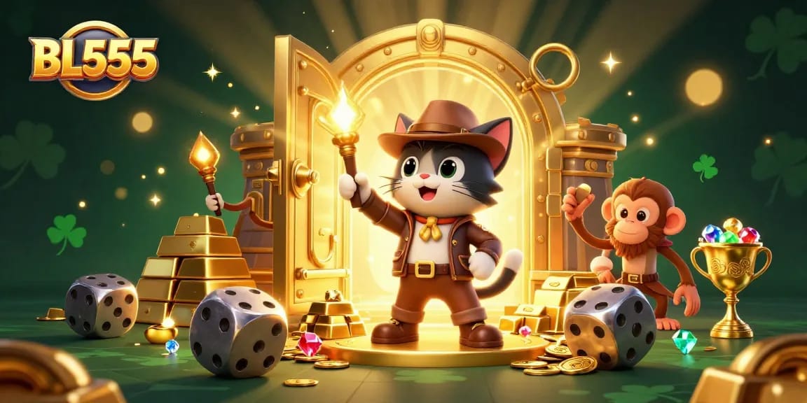 BL555 offers thrilling gameplay with a 3D explorer cat discovering riches in a vibrant casino.