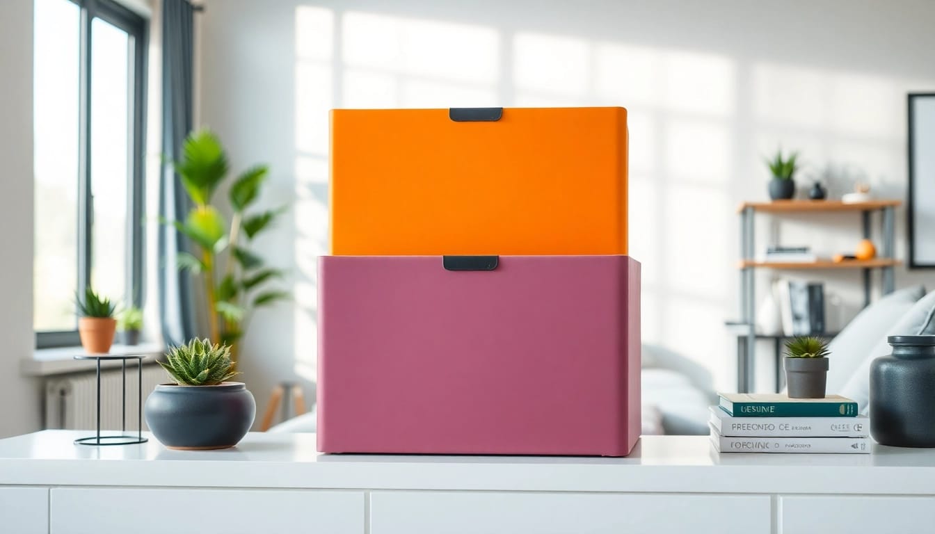 Showcase of a vibrant storage box in a modern living room setting.