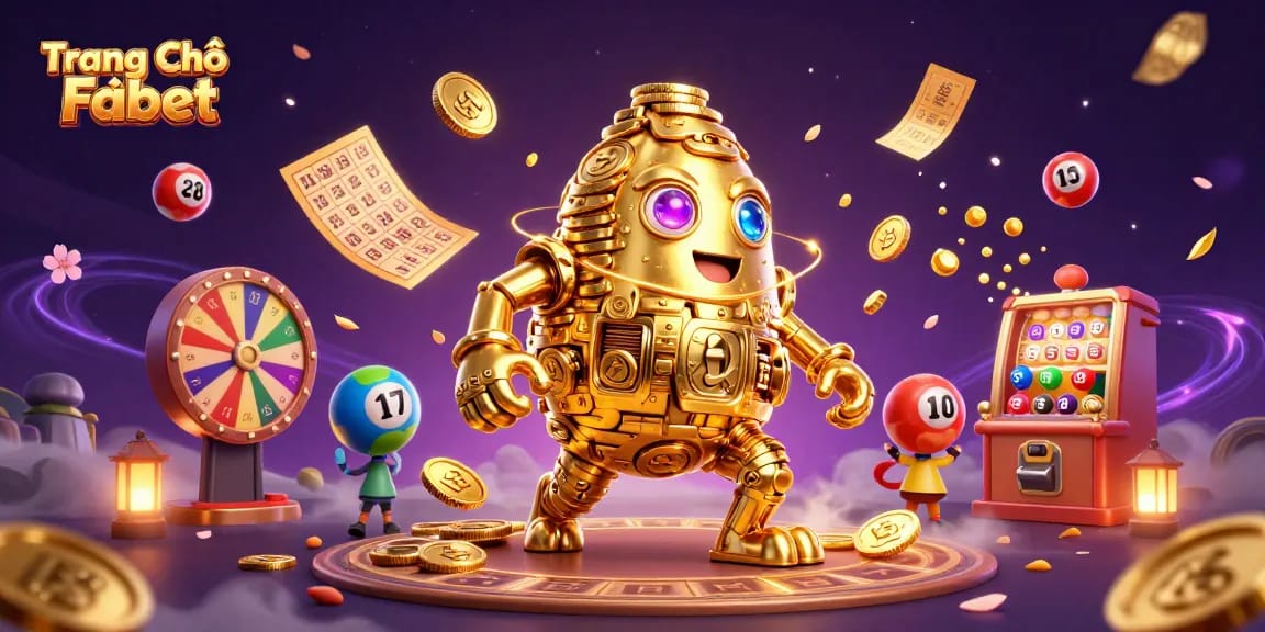 Engaging illustration of Trang Chủ Fabet showcasing vibrant golden golem and dynamic lottery elements.
