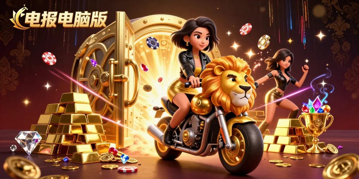 体验令人兴奋的电报电脑版世界，华丽角色骑着金狮， surrounded by casino treasures。