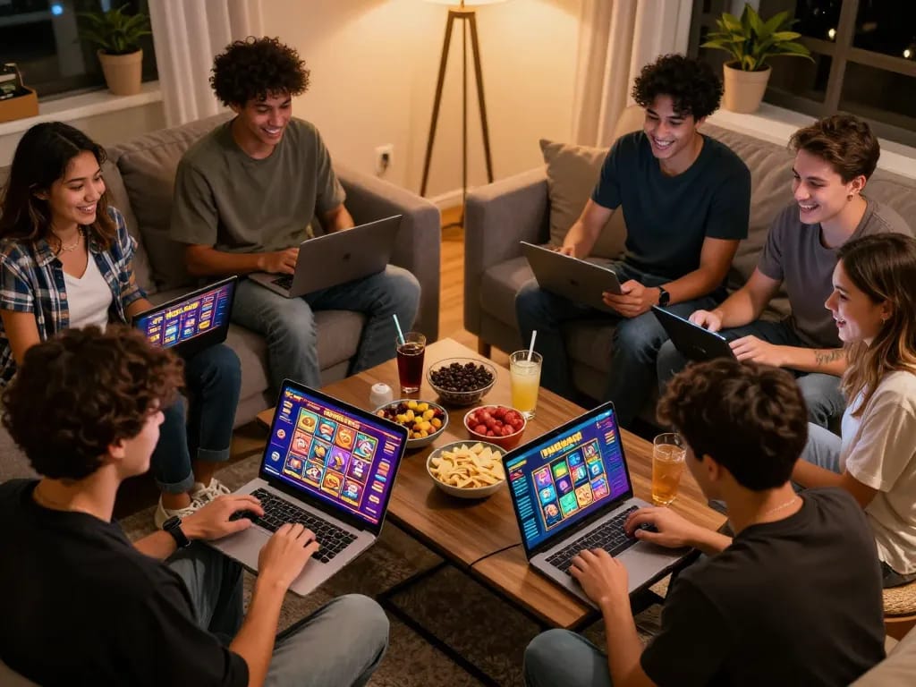 Friends enjoying a lively online casino experience at home, featuring 789club games on their screens.