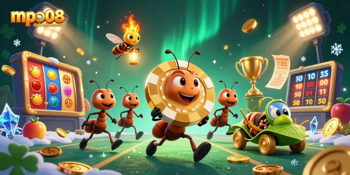 Engage with the mpo08 link alternatif heist scene featuring playful ants, golden poker chips, and spinning slot reels.