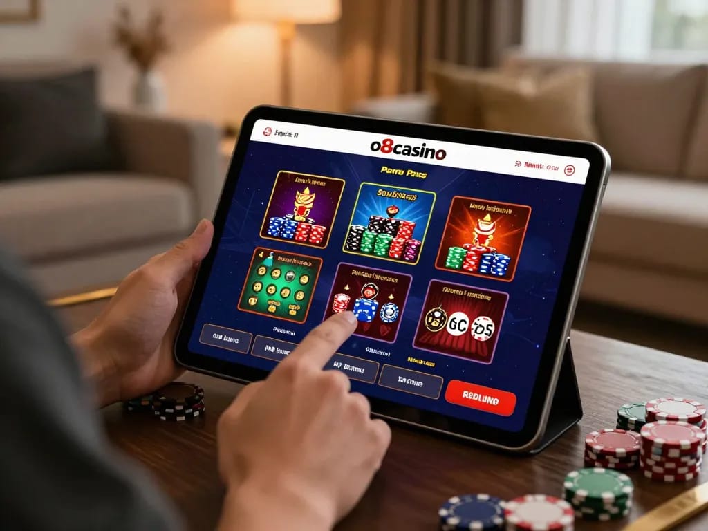 Play exciting games on o8casino with engaging tablet interface in a cozy home setting