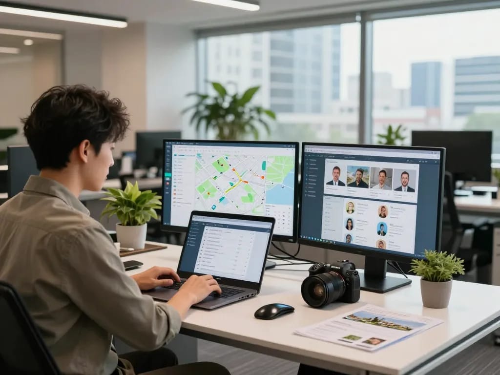 Gestionnaire de propriété professionnel analysant la gestion de propriétés dans un bureau moderne.