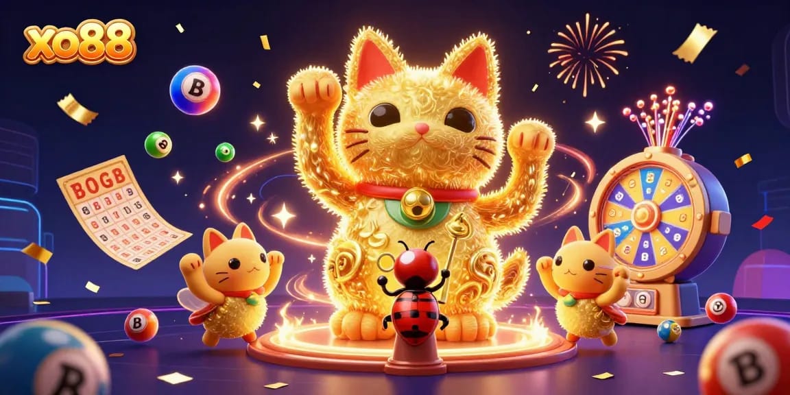 Experience thrilling action with xo88's dynamic golden lucky cat and vibrant casino elements.