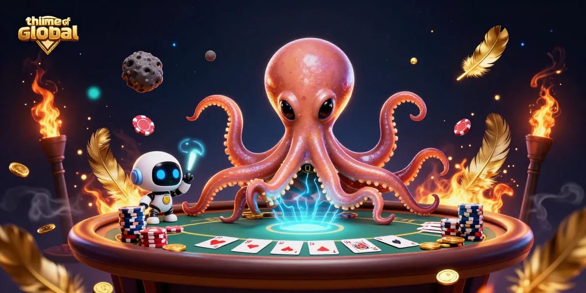 Play poker with thetimesofglobal in an exciting cosmic casino scene featuring an alien octopus.