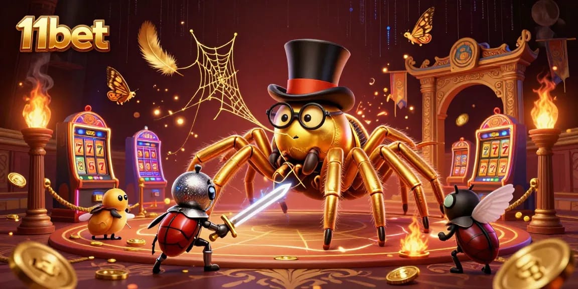 Engage with 11bet's vibrant casino scene featuring a golden tarantula and beetle knight.