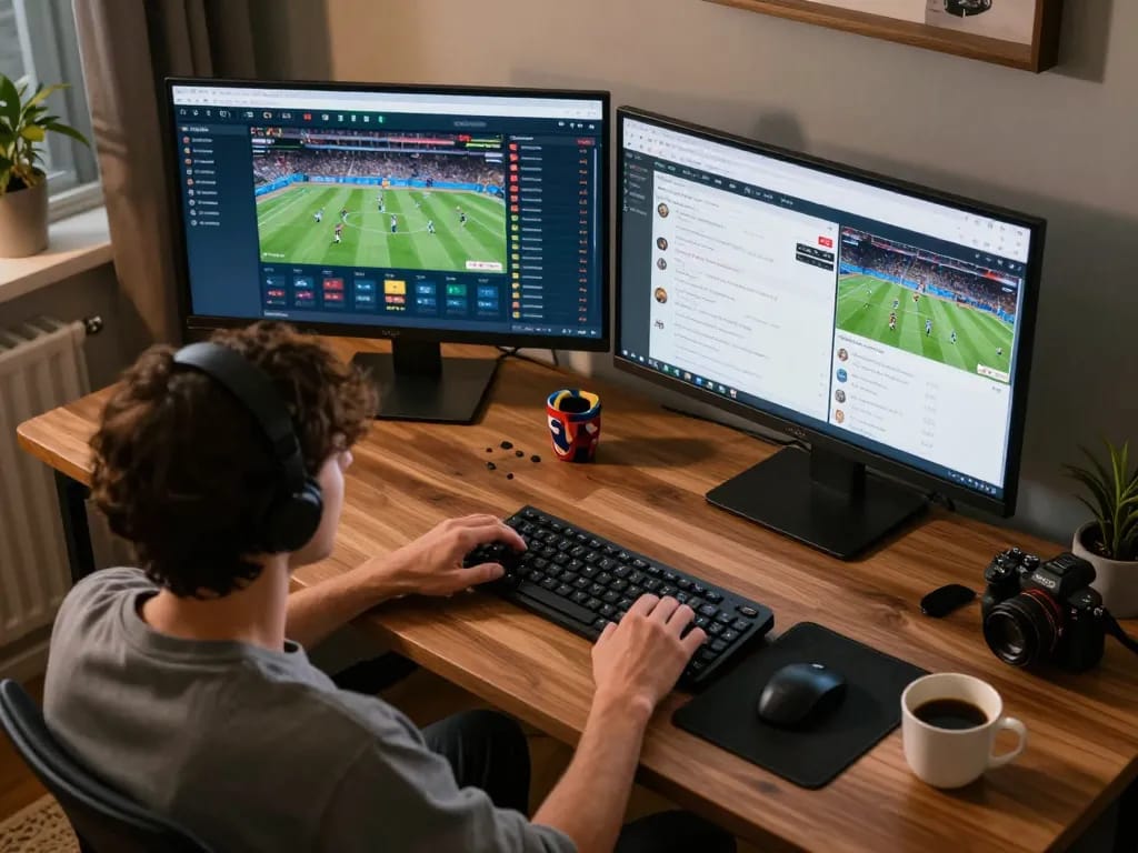 Person engaging in online sports betting at home with SC88 interface and live game feeds visible.