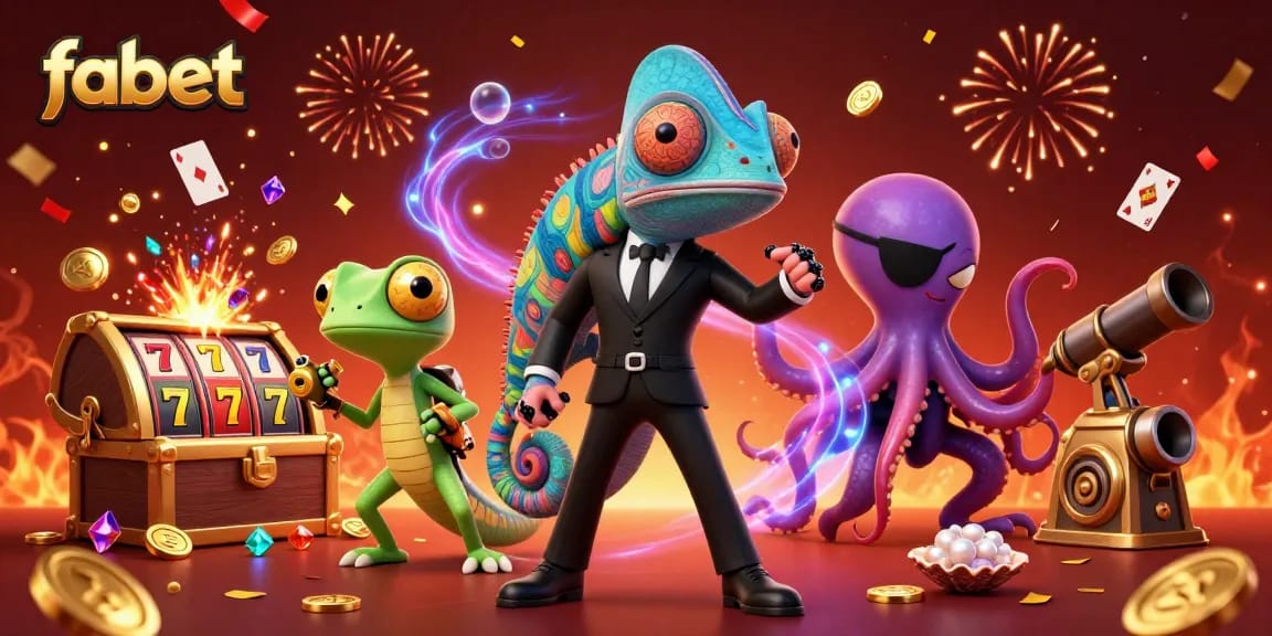 Experience thrilling fabet adventures with a secret agent chameleon and friends in a dynamic casino scene.