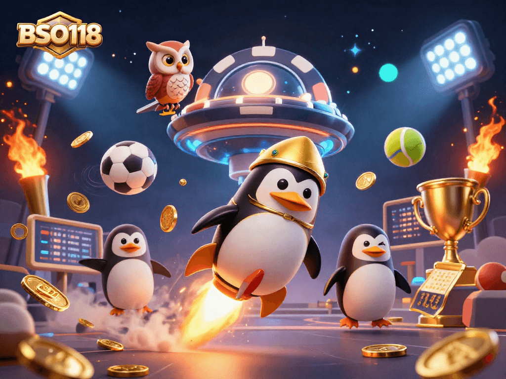 BSO118 offers thrilling betting experiences with a dynamic golden penguin and sports elements.