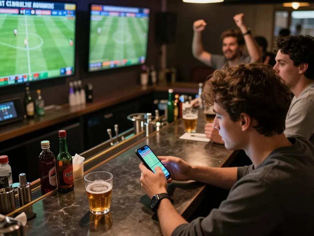 Engaging scene of a sports betting enthusiast using a smartphone with kèo nhà cái scores displayed, surrounded by lively sports atmosphere.