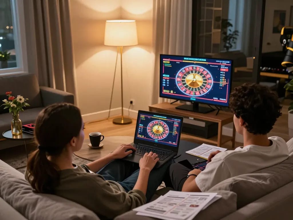 Engaging gameplay on https://www.mnm88.com/ during an online casino session in a cozy home environment