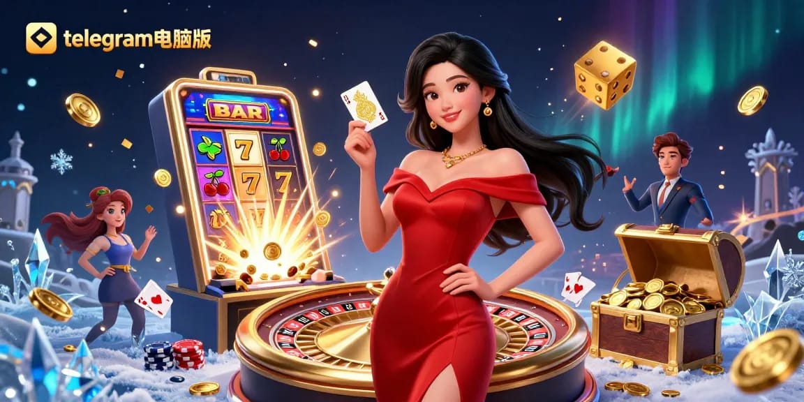在闪耀的赌场场景中体验telegram电脑版的兴奋，展现一位强大的女性和生动的老虎机元素。