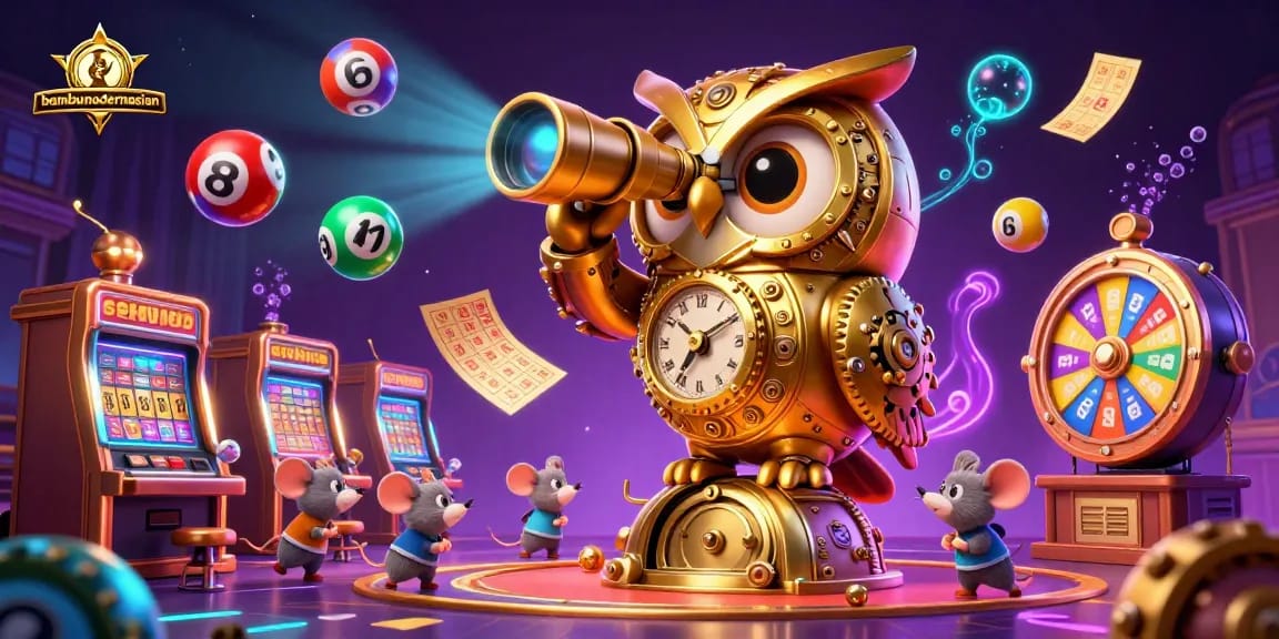 bambumodernasian brings excitement to the casino with a vibrant 3D illustration of an owl and dynamic lottery elements.