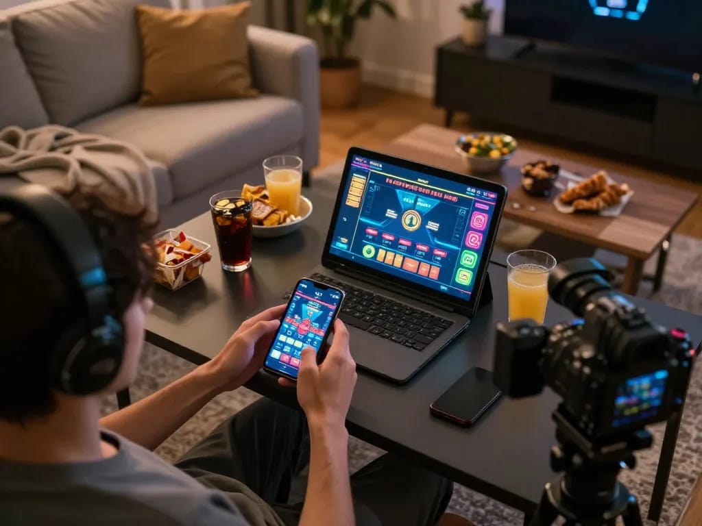 Engaging in online casino gaming with GG88 on smartphone in a cozy home setting