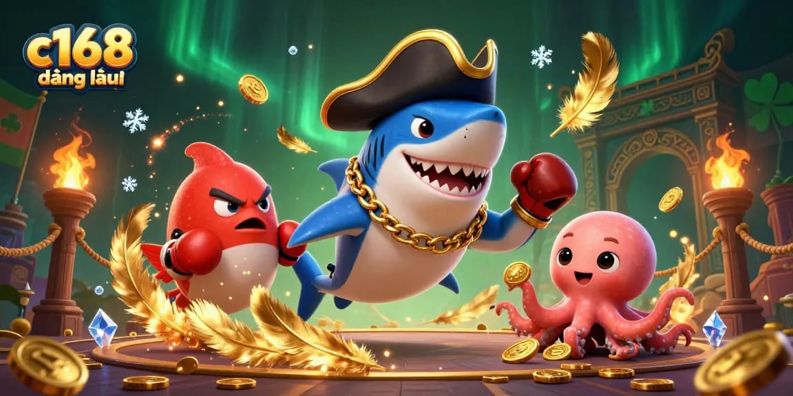Engage with the excitement of c168 đăng nhập, showcasing a thrilling casino scene with playful characters and gold treasures.