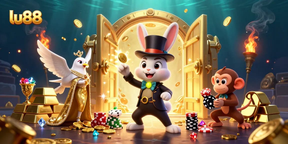lu88 captivates players: imagine a flamboyant rabbit magician surrounded by treasure and excitement