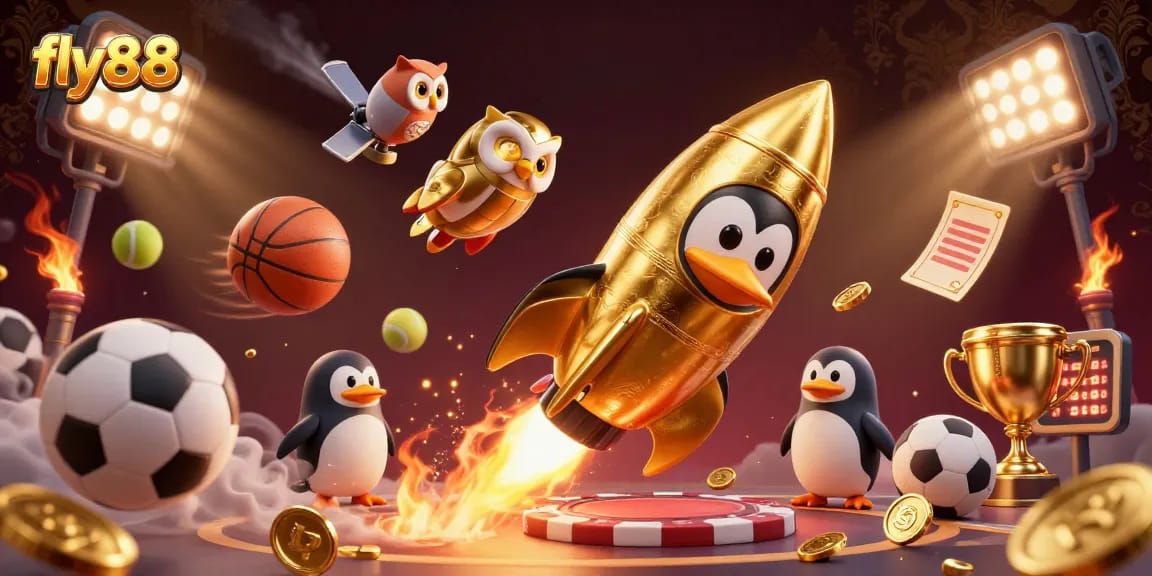 Experience exhilarating gameplay at fly88 with a golden penguin and vibrant sports elements in a dynamic casino scene.