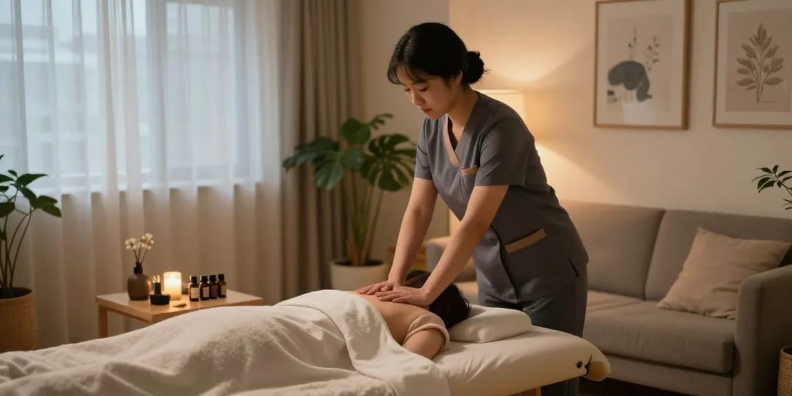 Professional massage therapist setting up for 영등포출장마사지 session in a serene home environment.