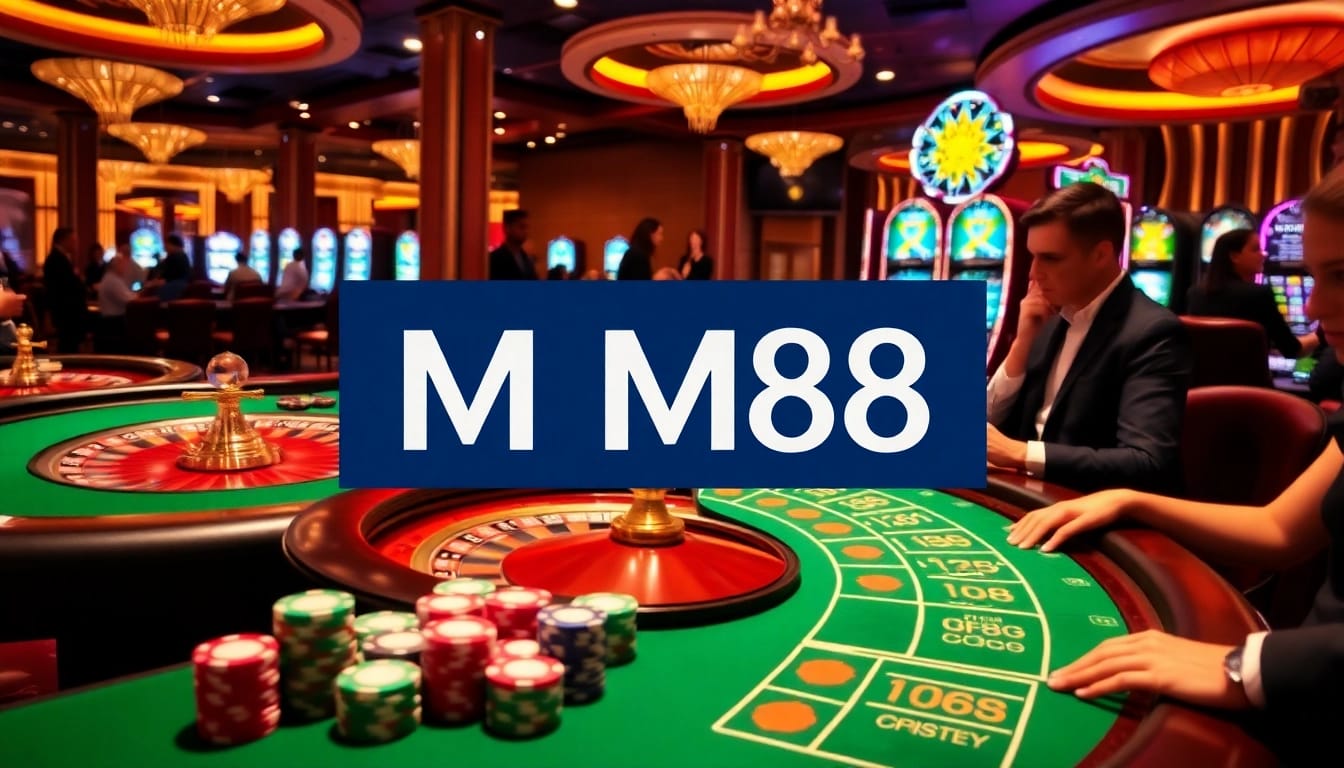 A vibrant casino scene highlighting MM88 with players engaging in poker and roulette.