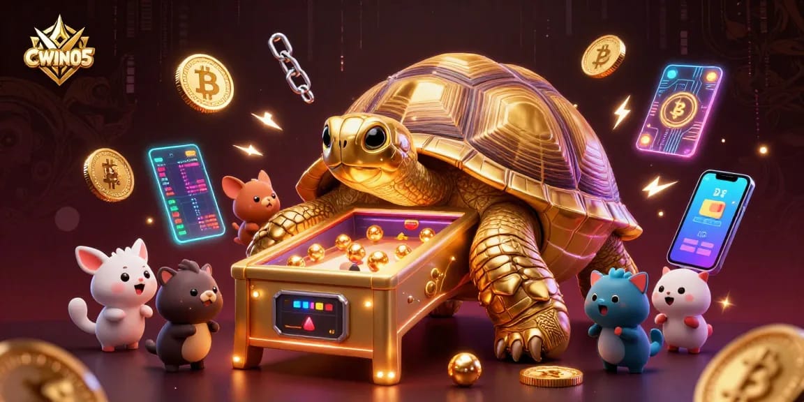 CWIN05 Casino illustration with a colossal golden tortoise as a fun pinball machine, showcasing vibrant Bitcoin and Ethereum coins.