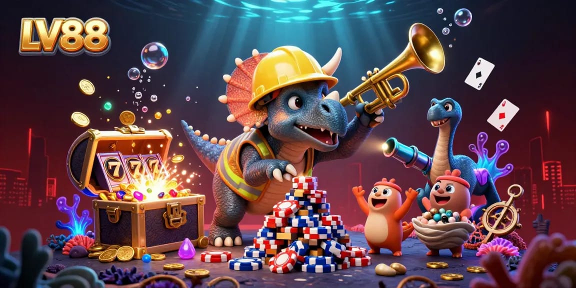 Engage in exciting gameplay at LV88 with vibrant 3D cartoon elements celebrating casino action.