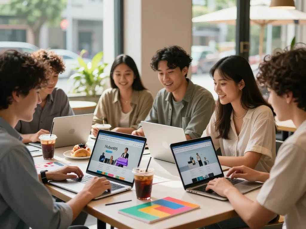 Engaging Hubet88 e-commerce scene with young adults enjoying online shopping in a vibrant café.