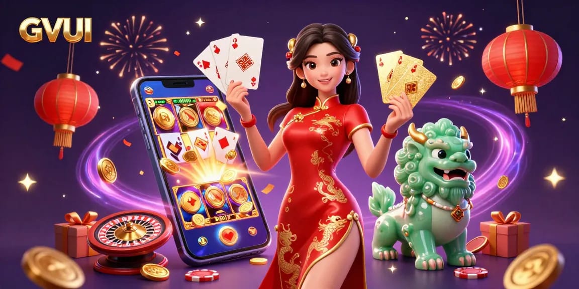 Engage in thrilling games at GVUI, where a stunning woman in a qipao showcases cards amidst dynamic casino elements.