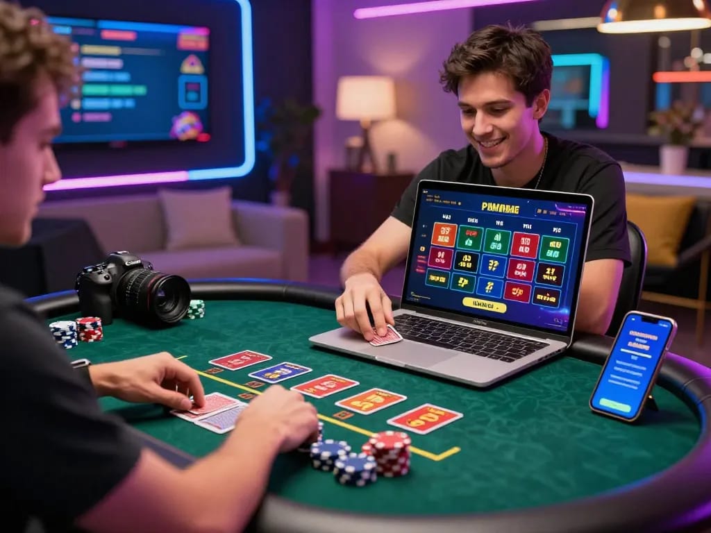 Player enjoying live casino gaming experience at home with man88 on screen.