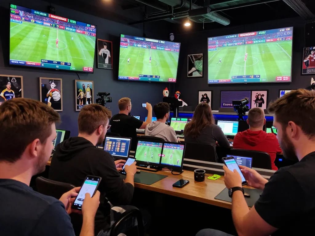Kèo nhà cái providing live odds with fans excitedly placing sports bets in a vibrant arena