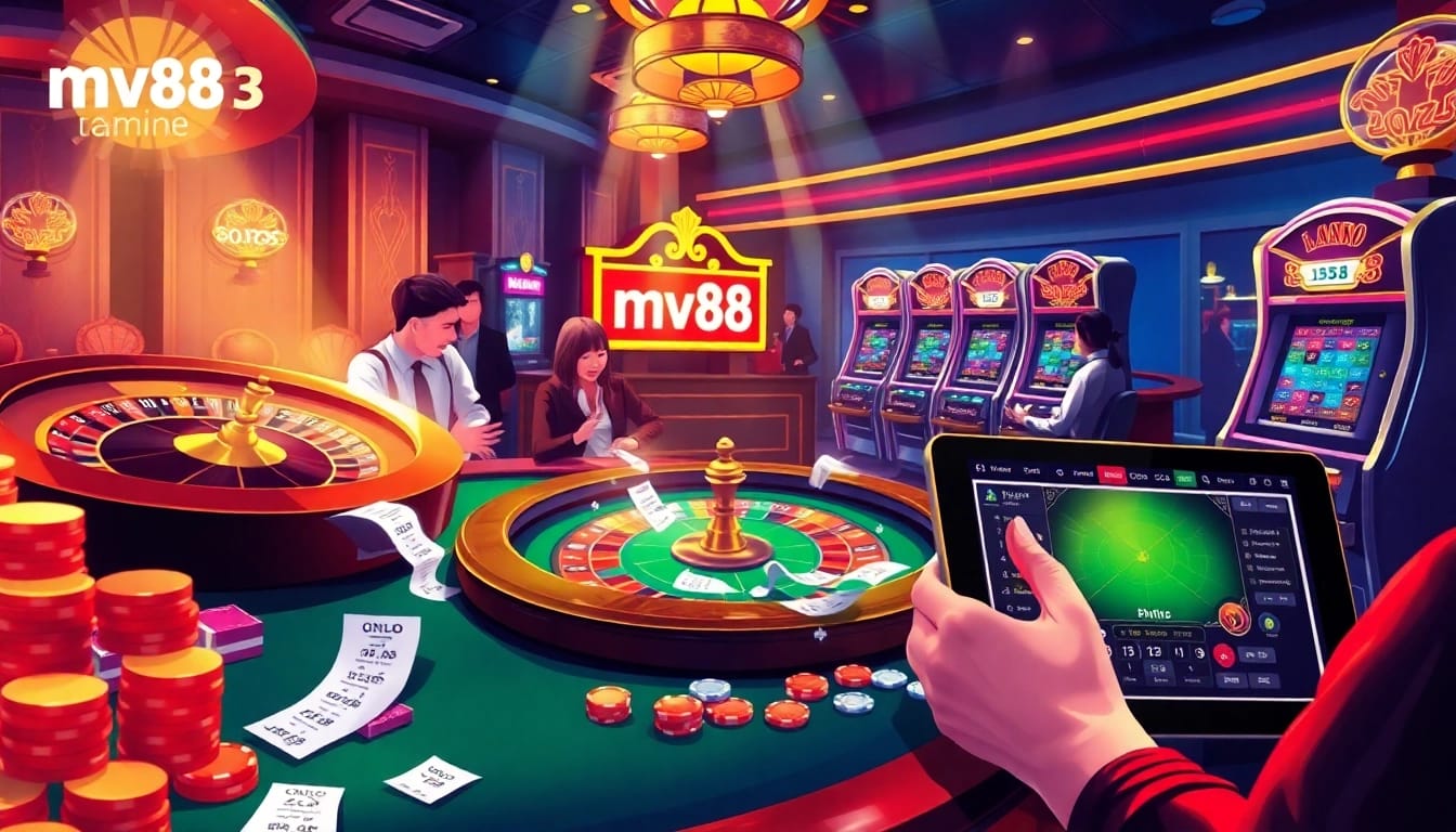 Experience the thrill of betting at MV88's luxurious casino with poker chips and roulette.