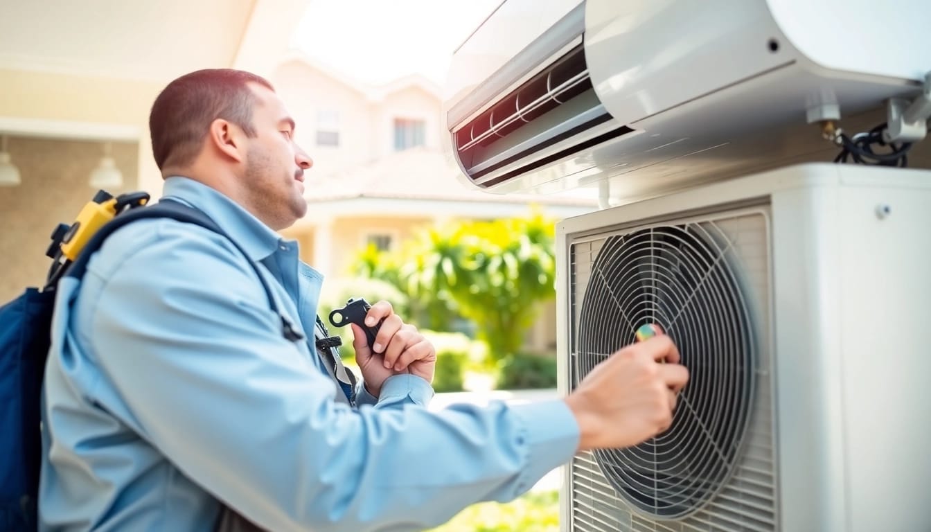 Technician providing AC Repair Tampa services in a bright suburban home setting.