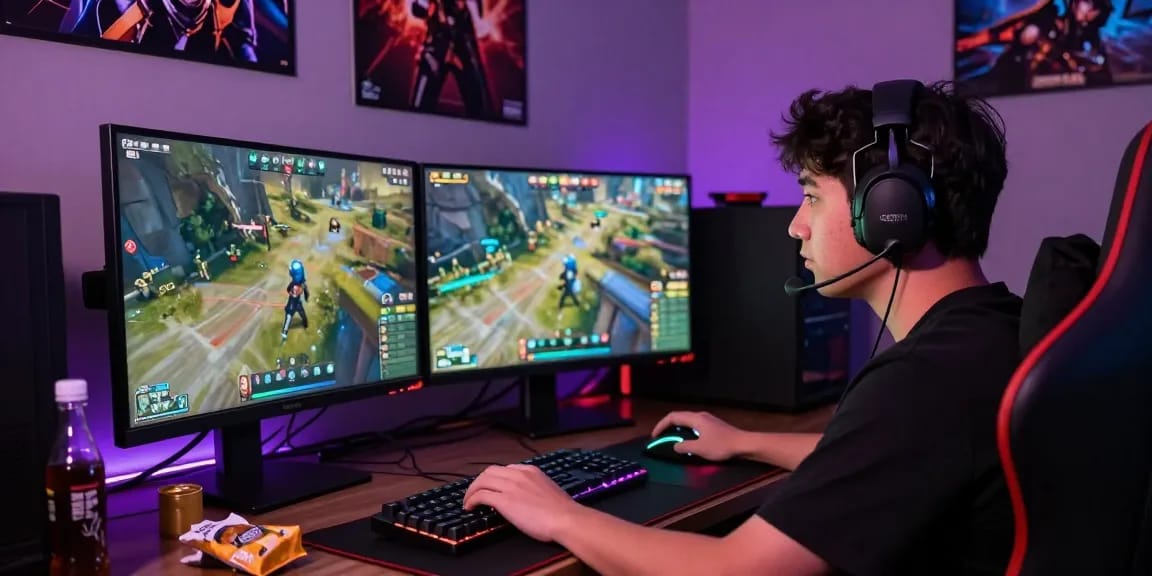 Engaged gamer utilizing PROOFCORE.IO's features on dual monitors during an intense gaming session.