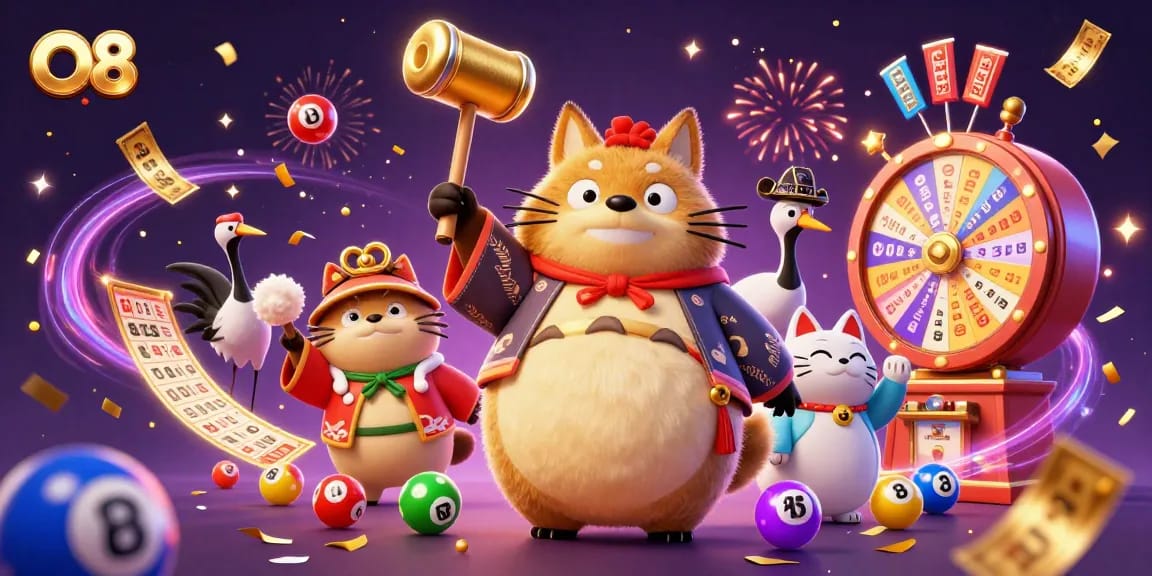 Engage with O8's vibrant casino atmosphere, featuring a tanuki and lucky symbols in a dynamic 3D scene.