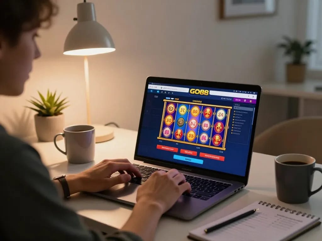 Player engaging with GO88's online games on a laptop, showcasing exciting betting strategies.