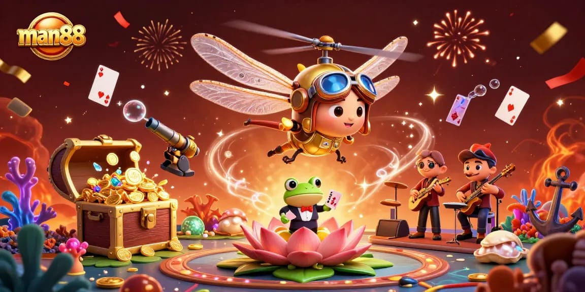 Immerse in man88 action with a 3D dragonfly pilot and a frog croupier at a vibrant lily pad casino.