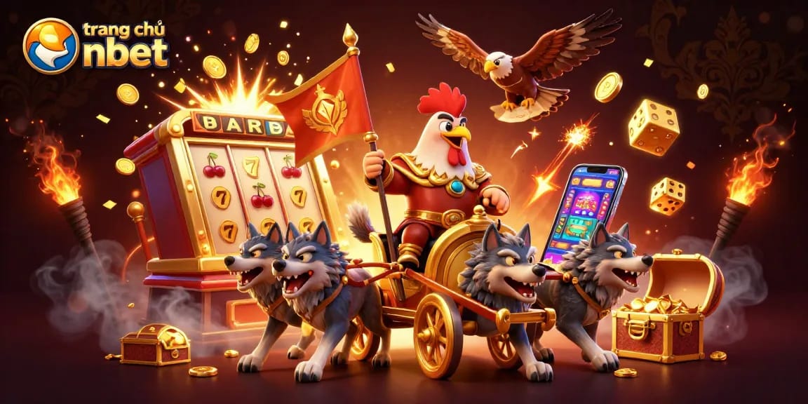 Experience the thrilling world of trang chủ nbet with a dynamic casino scene featuring a charismatic rooster warlord and slot machine action.