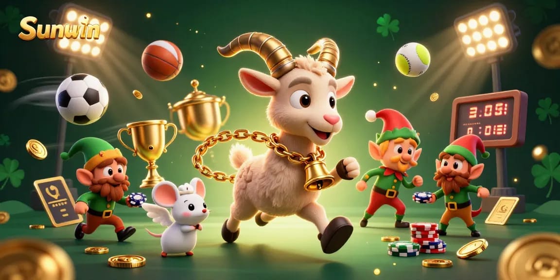 Experience thrilling games at Sunwin with festive characters in a lively casino atmosphere.
