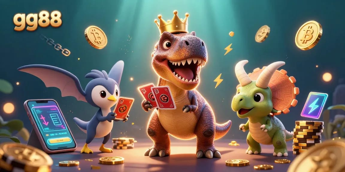 Engage in the thrilling adventure of gg88 as cartoon dinosaurs shuffle cards and stack chips in a vibrant underwater casino.