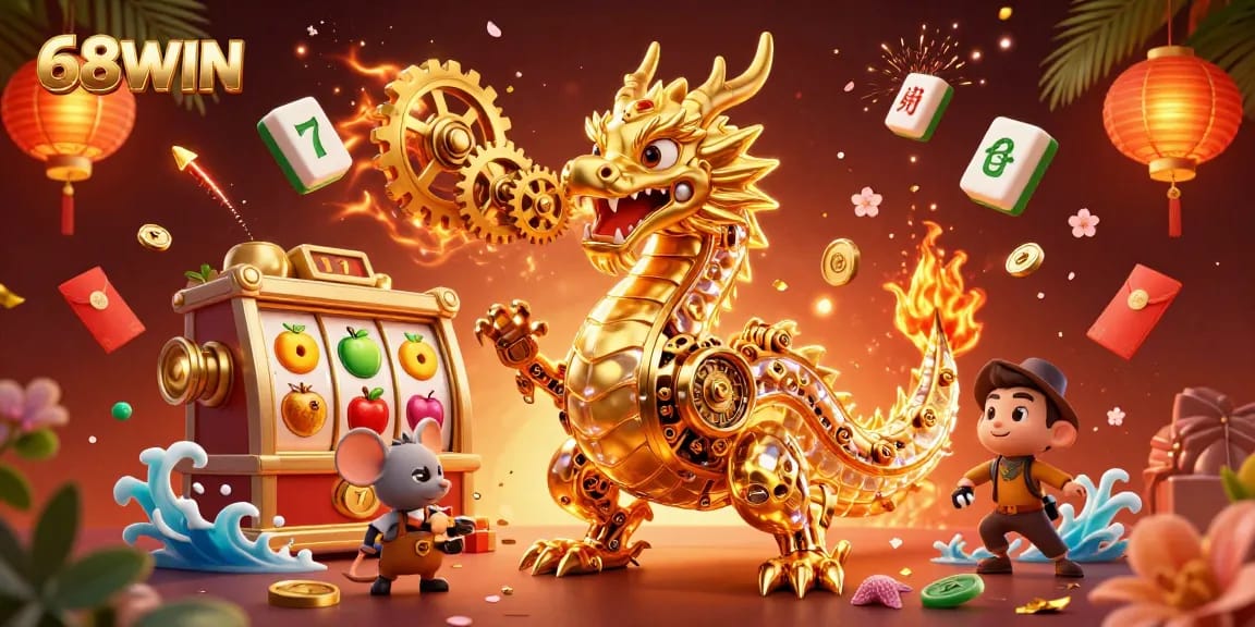 Experience the thrill of 68WIN with a vibrant dragon and a rich casino atmosphere.