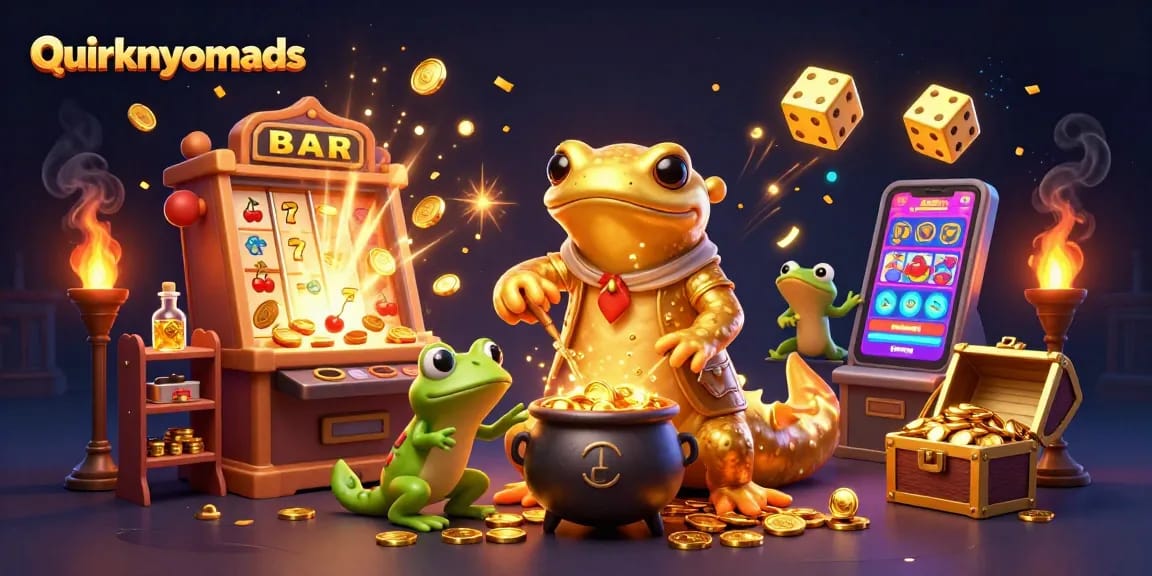 QuirkyNomads showcases a giant golden salamander alchemist surrounded by casino slots and gold.
